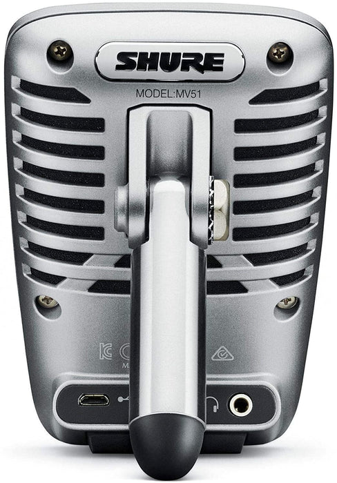 Shure MV51 Digital Large-Diaphragm Condenser Microphone for USB and Lightning, 5 DSP Preset Modes, Integrated Pre-Amp, Zero Latency Monitoring, Headphone Jack, Good-Quality Audio Capture
