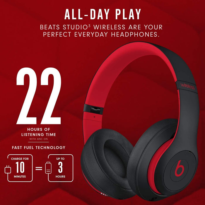 The Beats Studio3 Wireless Noise Cancelling Over-Ear Headphones last up to 3 hours on a 10-minute charge and 22 hours on a full charge. 