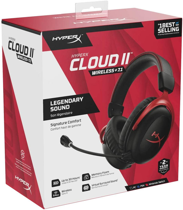 Hyperx Cloud II Wireless - Gaming Headset for PC, PS4, PS5*, Nintendo Switch, Long Lasting Battery up to 30 Hours, 7.1 Surround Sound, Detachable Noise Cancelling Microphone with Mic Monitoring