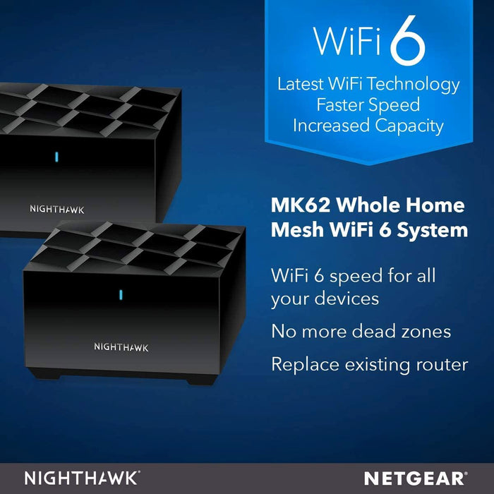 NETGEAR Nighthawk Whole Home Mesh Wifi 6 System MK62 - AX1800 Router with 1 Satellite Extender, Coverage up to 2,000 Sq Ft and 25+ Devices